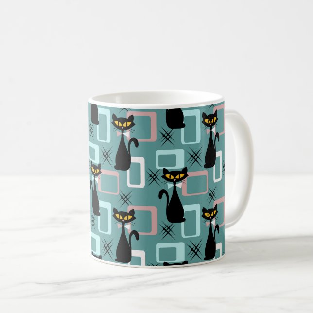 Schwarze Katze aus der Mitte des Jahrhunderts Kaffeetasse (VorderseiteRechts)