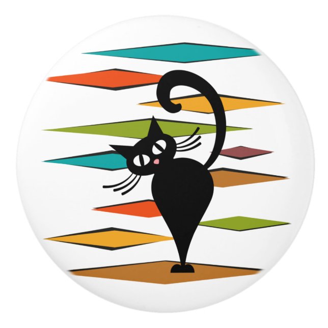 Schwarze Katze aus der Mitte des Jahrhunderts Keramikknauf (Vorderseite)