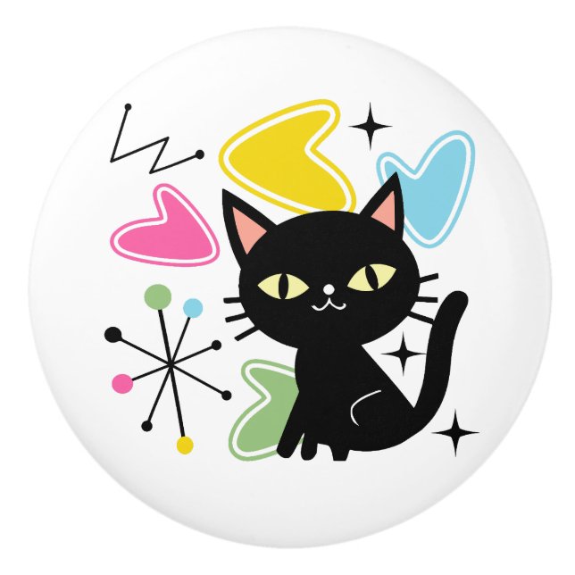 Schwarze Katze aus der Mitte des Jahrhunderts Keramikknauf (Vorderseite)