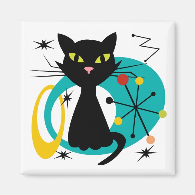 Schwarze Katze aus der Mitte des Jahrhunderts Magnet (Vorne)