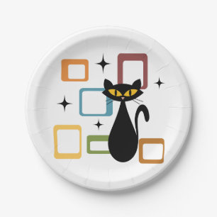 Schwarze Katze aus der Mitte des Jahrhunderts Pappteller
