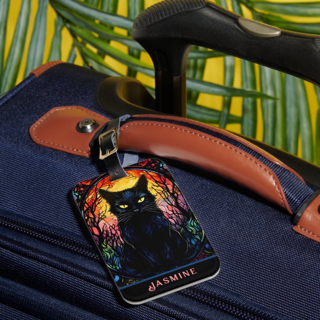 Schwarze Katze aus festem Glas Roter Spooky Gepäckanhänger (Vorderseite Insitu 1)