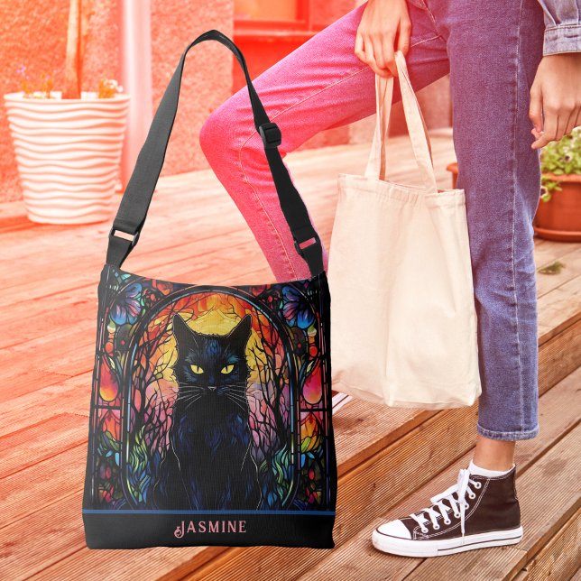 Schwarze Katze aus festem Glas Roter Spooky Tragetaschen Mit Langen Trägern (Black Cat Lover Stained Glass Red Spooky Crossbody Bag (Front))
