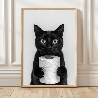 Schwarze Katze Badezimmer Druck, Katze hält Toilet Poster