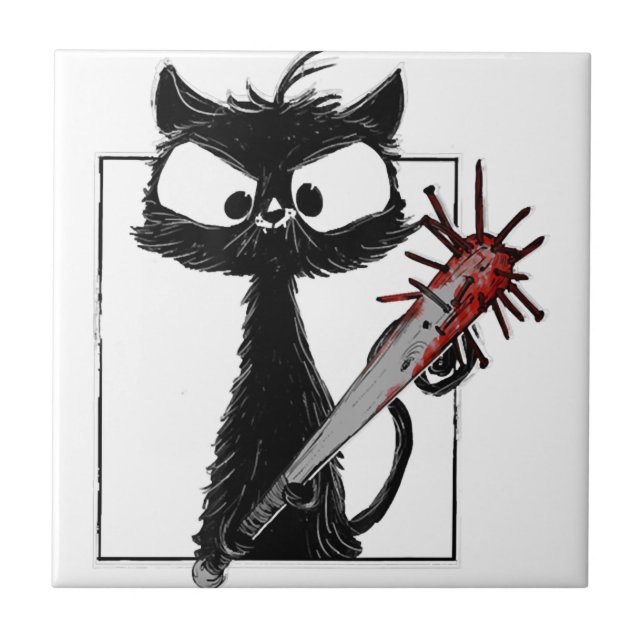 Schwarze Katze Baseball Horror Halloween Fliese (Vorderseite)