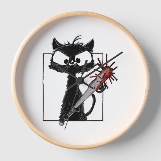 Schwarze Katze Baseball Horror Halloween Uhr (Vorderseite)