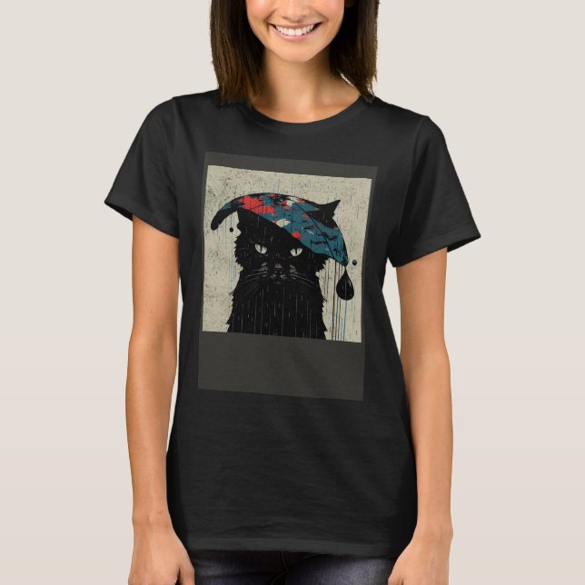 Schwarze Katze Baseball Regnen T-Shirt (Vorderseite)