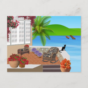 SCHWARZE KATZE BEACH PATIO 002 HAPPY VACATION BACK POSTKARTE