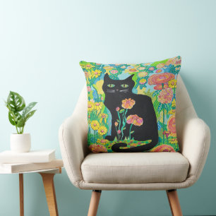 Schwarze Katze bei Blume Kissen Kissen Wohngestalt