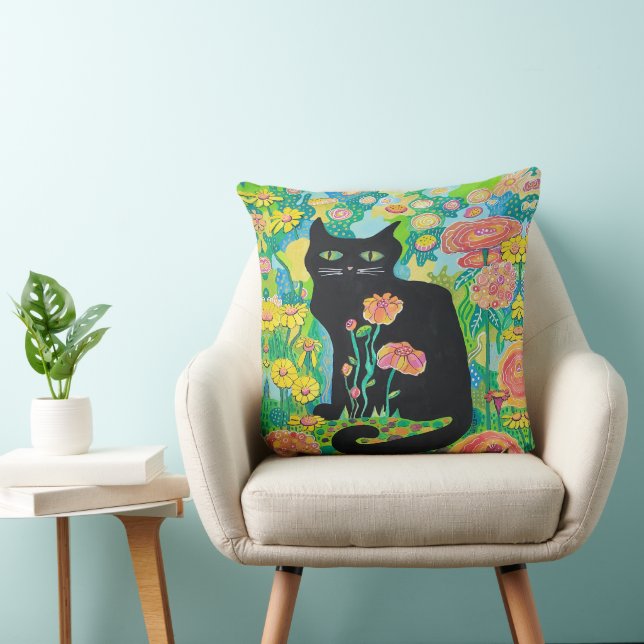 Schwarze Katze bei Blume Kissen Kissen Wohngestalt (Stuhl )