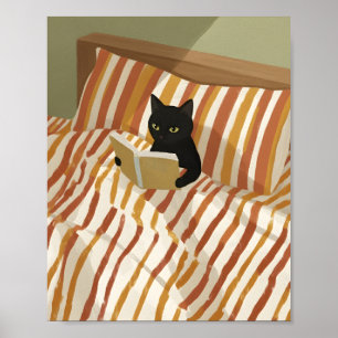 Schwarze Katze beim Lesen im Bett   Friedliches Sc Poster
