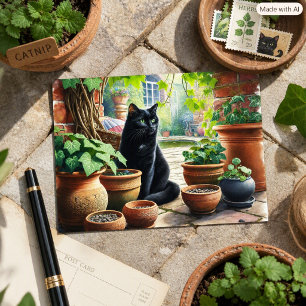 Schwarze Katze beobachtet das Wachstum von Katzenm Postkarte