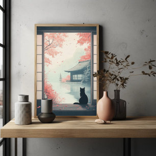 Schwarze Katze beobachtet japanische Herbst-Zen-Sz Poster