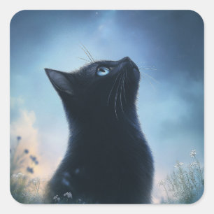 Schwarze Katze betrachtet einen Sternenhimmel Quadratischer Aufkleber