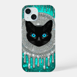 Schwarze Katze Blaue Augen Smaragd-Gotik-Porträt iPhone 15 Hülle
