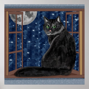 Schwarze Katze Blick auf Mond und Sterne Poster