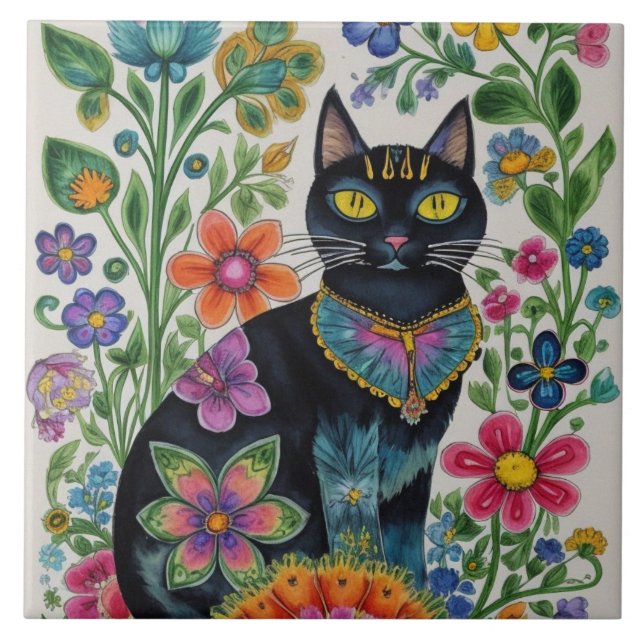 Schwarze Katze, Blume, Schmetterlinge, einheimisch Fliese (Vorderseite)