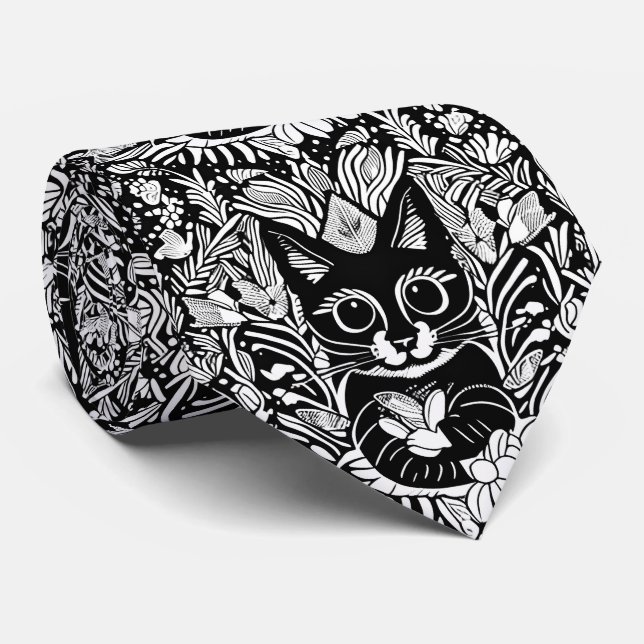 Schwarze Katze Blumenmuster Krawatte (Gerollt)