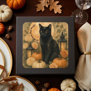 Schwarze Katze Botanische Vintage-Halloween-Kürbis Quadratischer Aufkleber