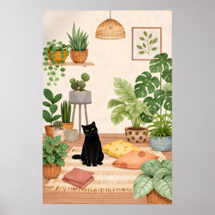 Schwarze Katze Botanischer Druck, Gemütliche Boho- Poster