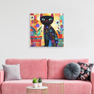 Schwarze Katze Bunte und Whimsische Kunstwerke, Leinwanddruck