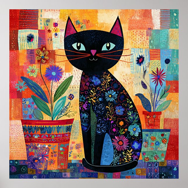 Schwarze Katze Bunte und Whimsische Kunstwerke, Poster (Vorne)