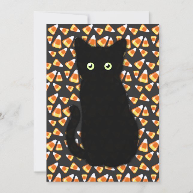 Schwarze Katze, Candy Mais Muster, Halloween-Spaß Einladung (Vorderseite)
