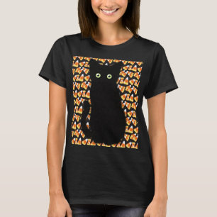Schwarze Katze, Candy Mais Muster, Halloween-Spaß T-Shirt
