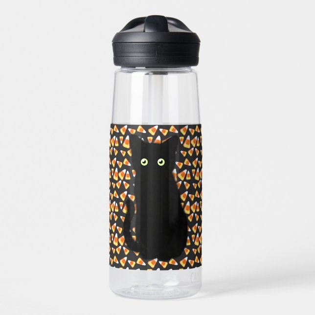 Schwarze Katze, Candy Mais Muster, Halloween-Spaß Trinkflasche (Vorne)