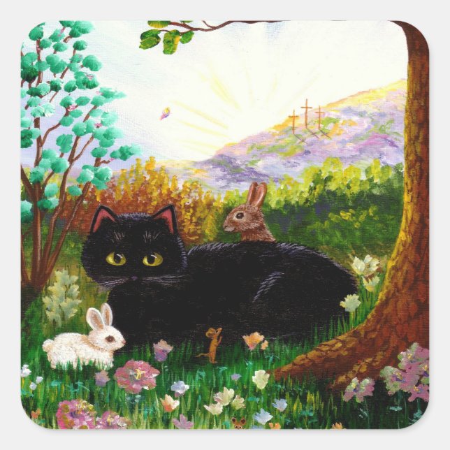 Schwarze Katze Christliche Kunstmalerei LRA Quadratischer Aufkleber (Vorderseite)