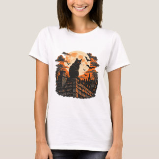 Schwarze Katze Dachterrasse Vollmond T-Shirt