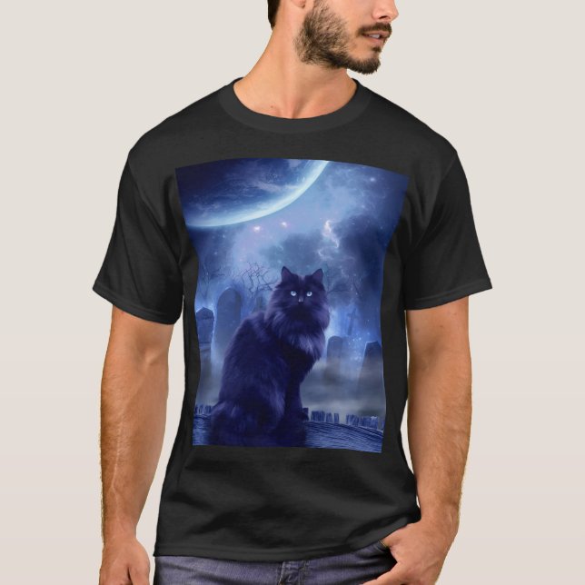 schwarze Katze des Mannes und Mondlicht T-Shirt (Vorderseite)