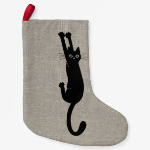 Schwarze Katze, die an der   Imitat-Leinenart Kleiner Weihnachtsstrumpf