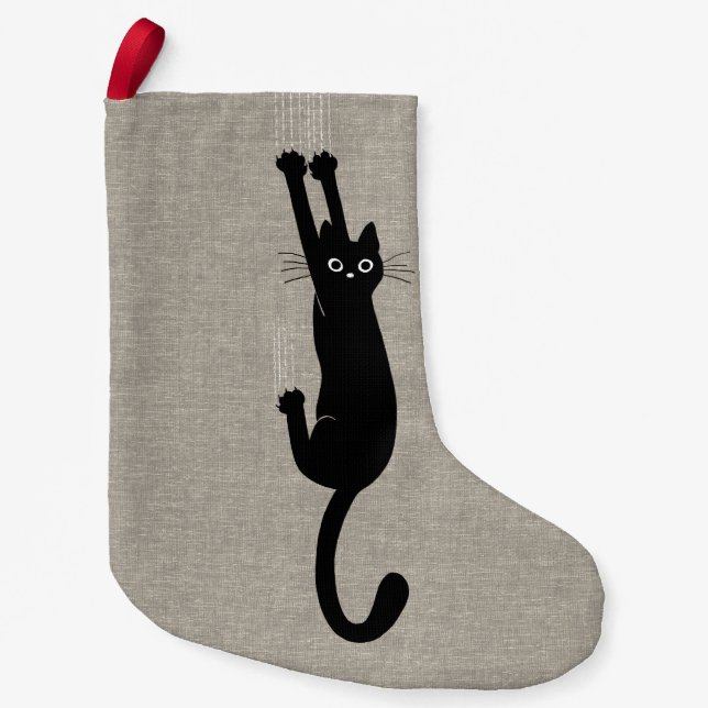 Schwarze Katze, die an der | Imitat-Leinenart Kleiner Weihnachtsstrumpf (Vorderseite)