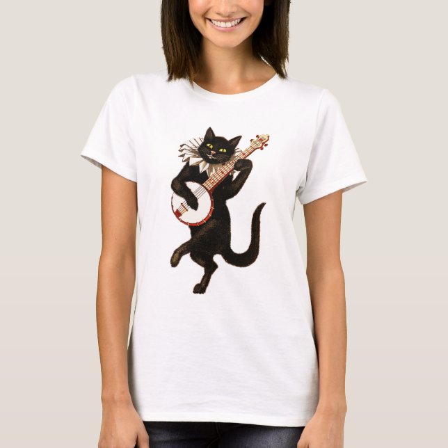 Schwarze Katze, die Banjo spielt T-Shirt (Vorderseite)