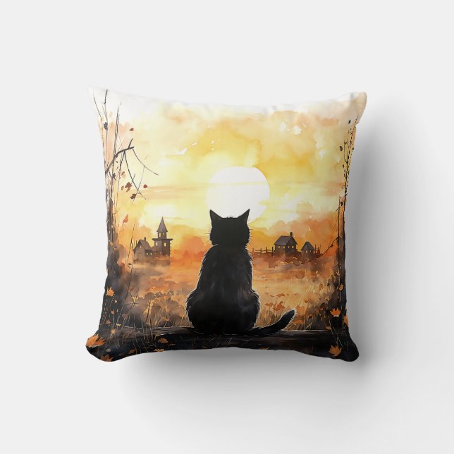 Schwarze Katze, die bei Sonnenuntergang Halloween Kissen (Vorderseite)