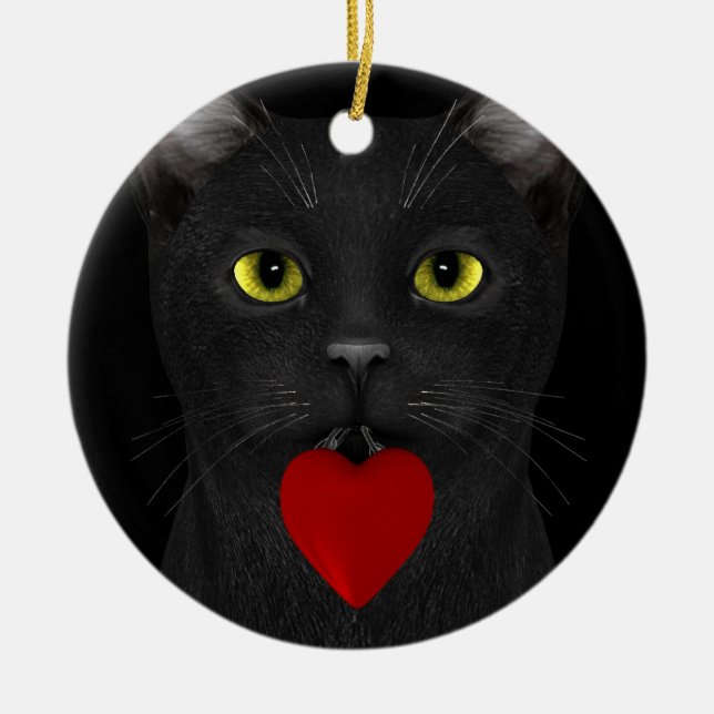 Schwarze Katze, die ein Geschenk macht Keramikornament (Vorne)