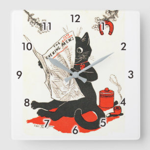 Schwarze Katze, die eine Zeitung, Louis Wain liest Quadratische Wanduhr