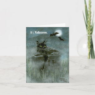 Schwarze Katze, die Friedhof Mond, es schlägt, ist Karte