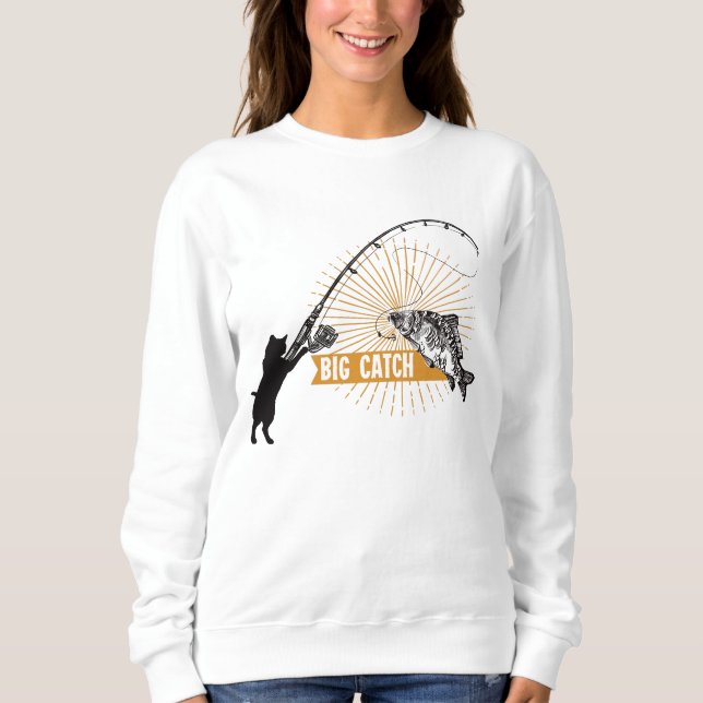 Schwarze Katze, die große Fische fangen Sweatshirt (Vorderseite)