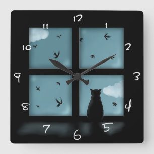 Schwarze Katze, die heraus Fenster Himmel Quadratische Wanduhr
