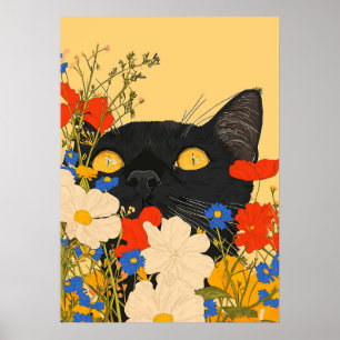 Schwarze Katze, die sich unter Blume versteckt Poster