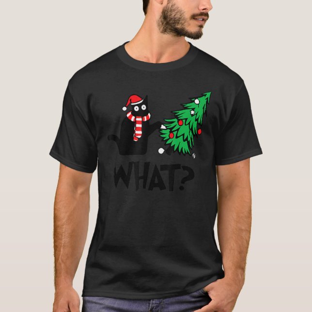 Schwarze Katze, die Weihnachtsbaum über Katzenwelt T-Shirt (Vorderseite)