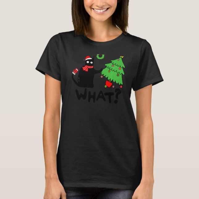 Schwarze Katze, die Weihnachtsbaum über Katzenwelt T-Shirt (Vorderseite)