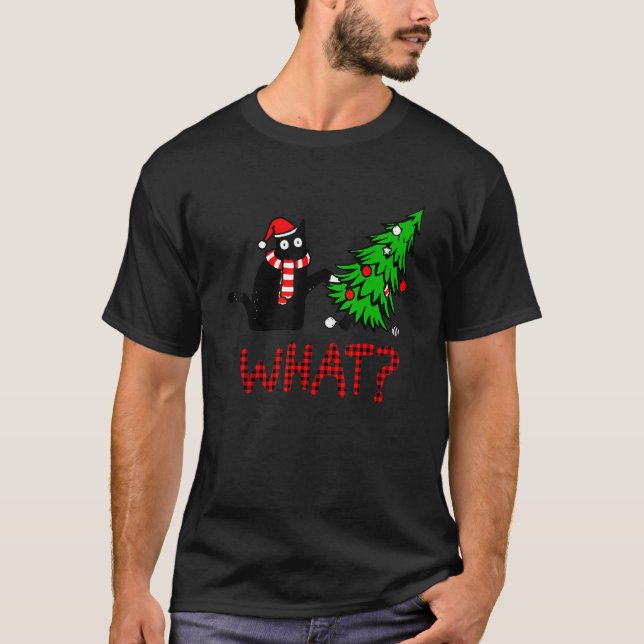 Schwarze Katze, die Weihnachtsbaum über Katzenwelt T-Shirt (Vorderseite)