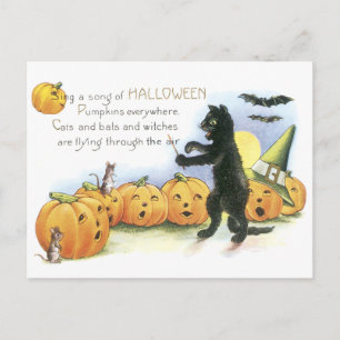 Schwarze Katze dirigiert Halloween-Chor aus Kürbis Postkarte