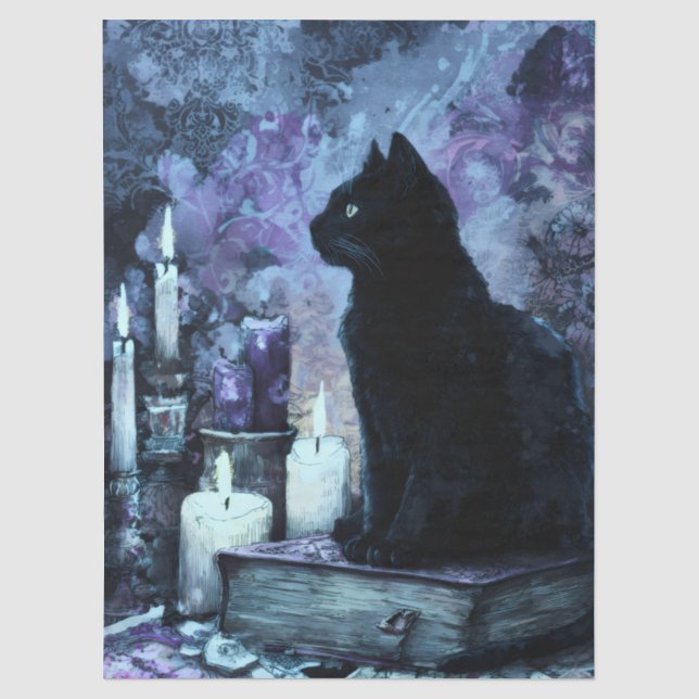Schwarze Katze Dunkelblau Gothic-Einstellung Seidenpapier (Vorderseite)