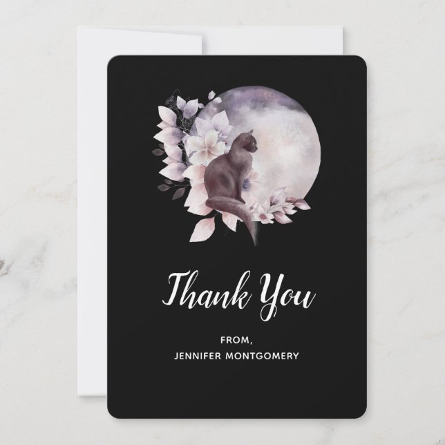 Schwarze Katze durch einen magischen Vollmond Dankeskarte (Vorderseite)