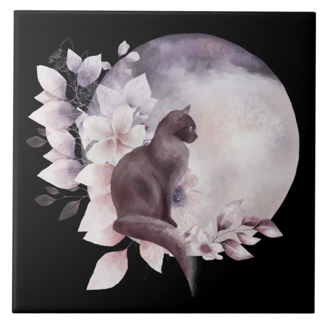 Schwarze Katze durch einen magischen Vollmond Fliese (Vorderseite)