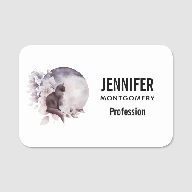 Schwarze Katze durch einen magischen Vollmond Namensschild (Vorderseite)